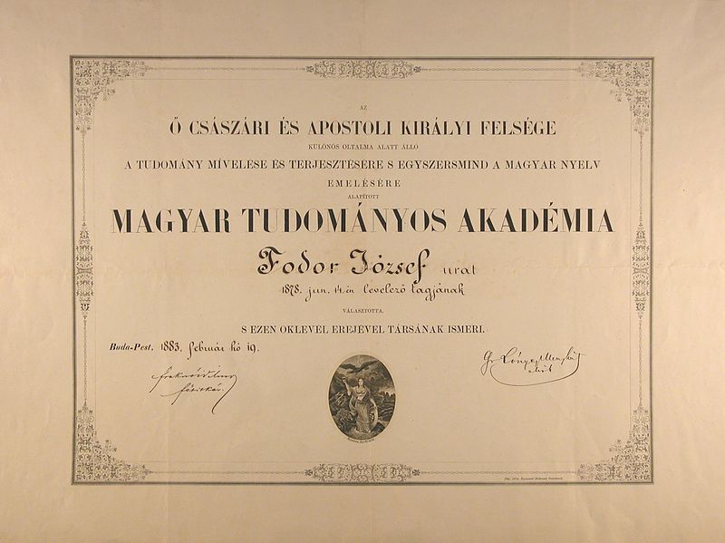 Fodor József oklevele a Magyar Tudományos Akadémia levelező tagságáról, Budapest, 1878